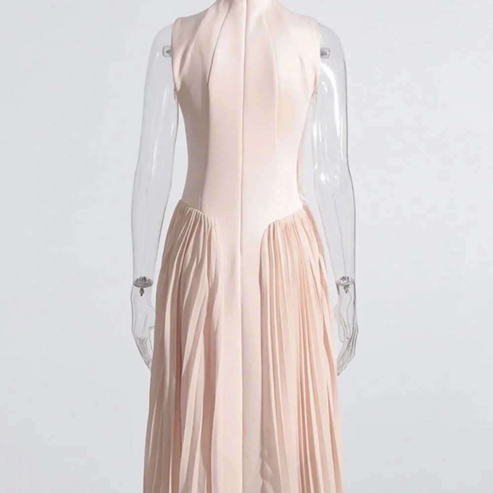 Elegant designer nude mock neck bodysuit pleated skirt blush dress small - Picture 6 of 13